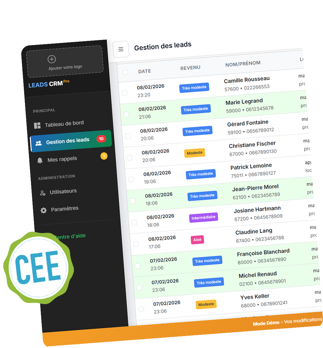 Aperçu du CRM Calculez Vos Aides